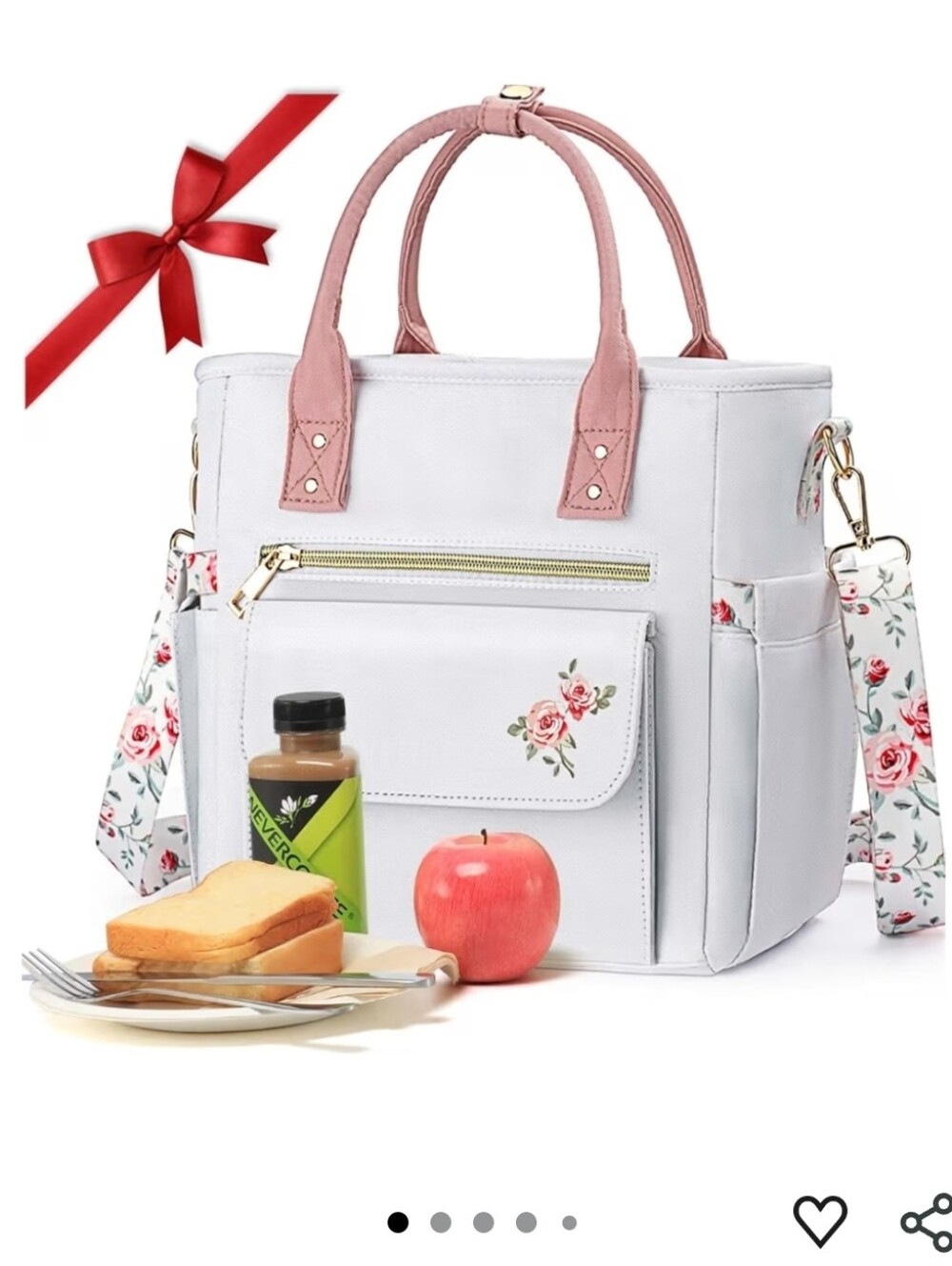 White Floral Insulated Lunch Tote with Pink Handles